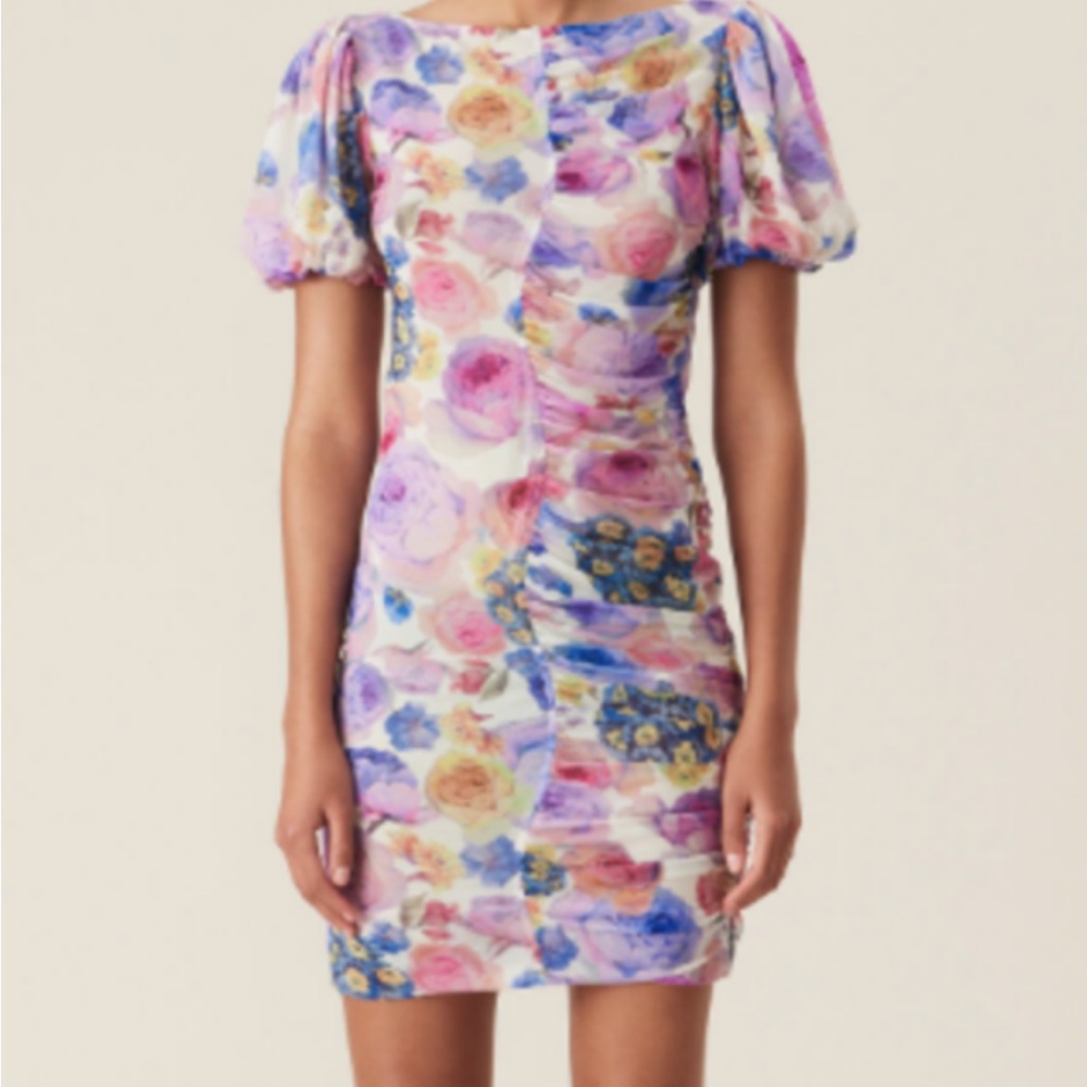 Ganni Mesh Floral Watercolor Puff-Sleeve Mini Dress - Pastel Multi
